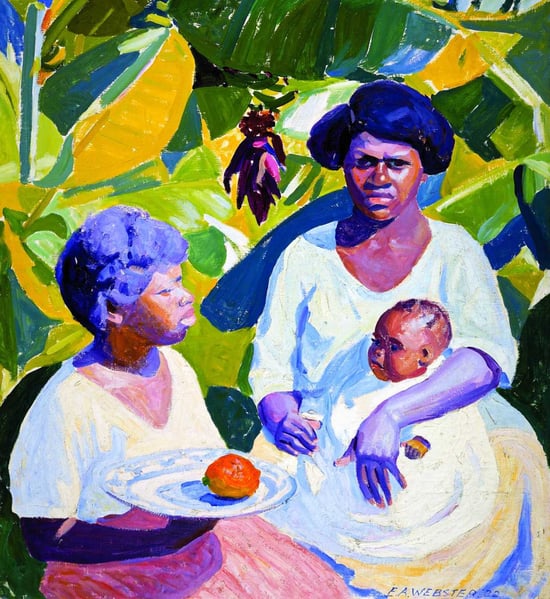 oil painting of woman with baby and young child against lush greenery backdrop